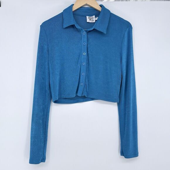 Princess Polly Elody Long Sleeve‎ Button Down Crop Top Blouse Blue Size 12 - Picture 1 of 7